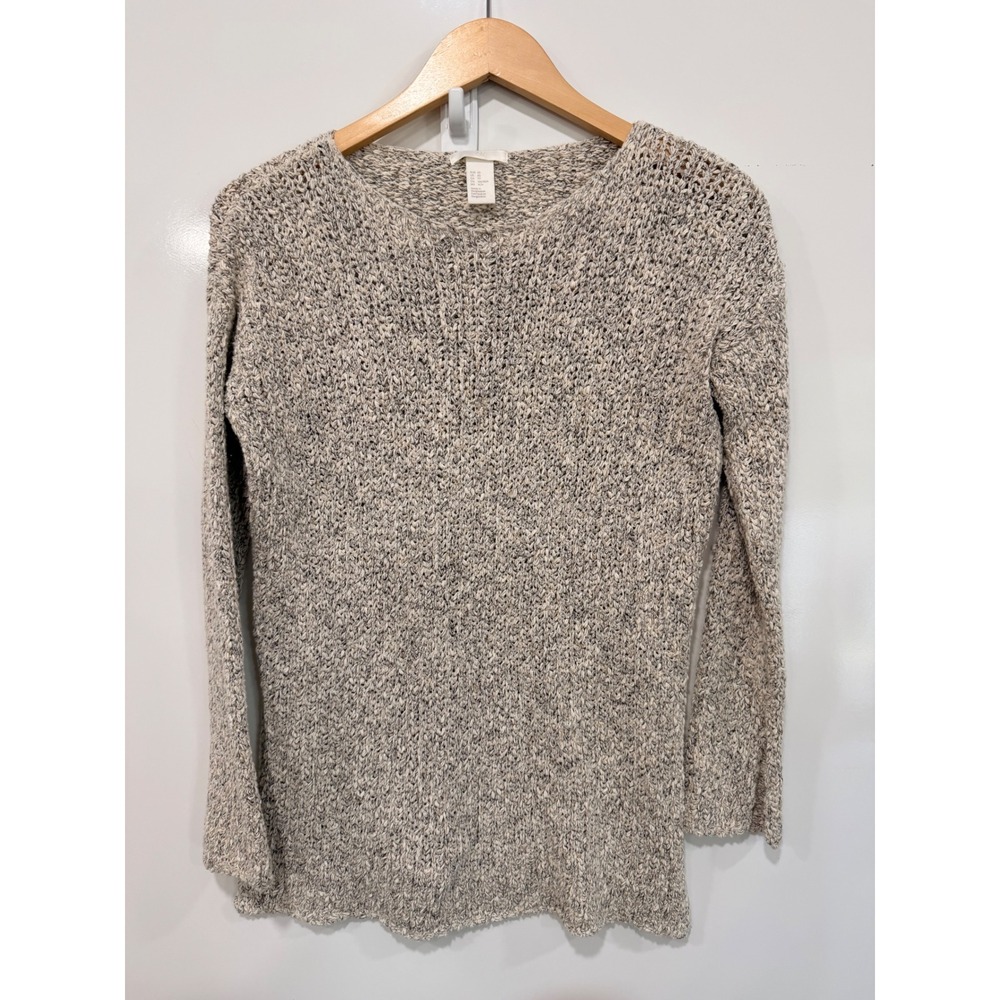 H&M Marled Knit Sweater Beige Gray Long Sleeve Cotton Blend Side Slit XS